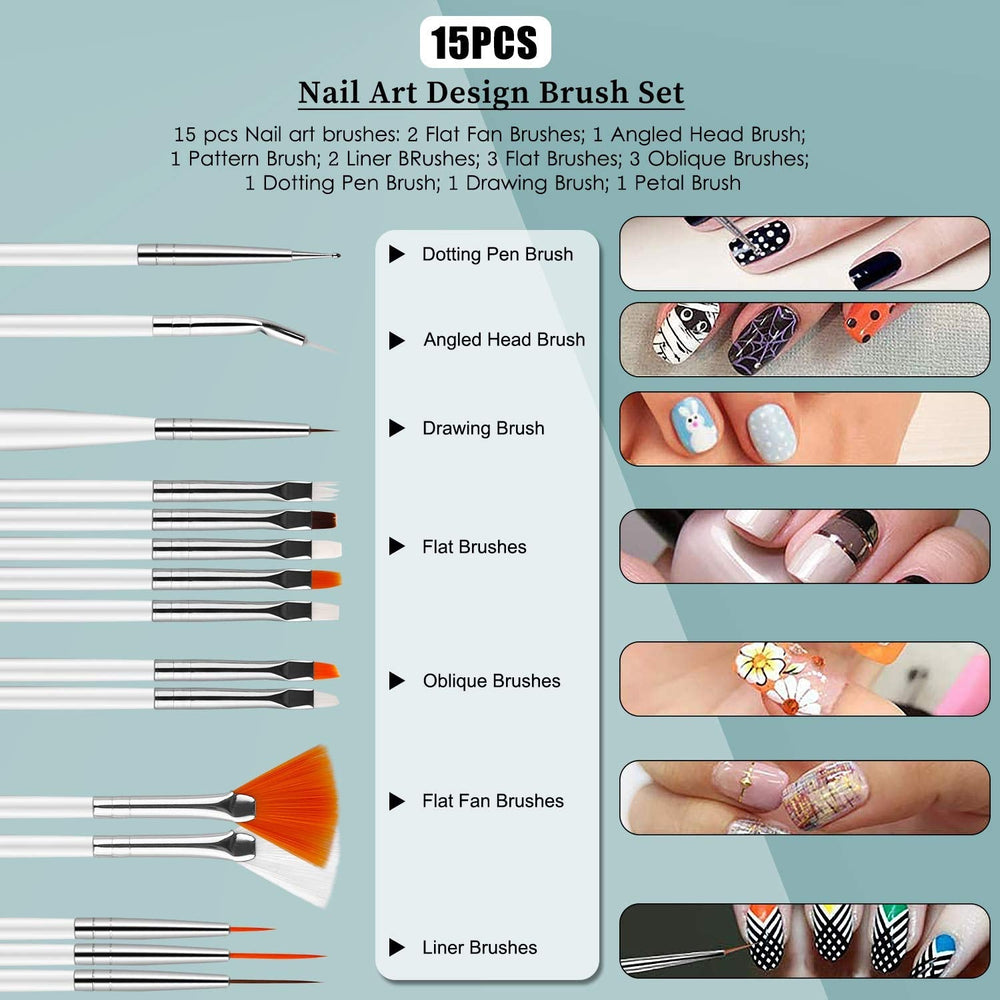 Nail Art Dekorationen & Nagelpinsel Set, Nageldesign Zubehör, Nagelset 5 Stk 2 Wege Punktierung Stift, 15 Malerei Polnisch Pinsel Set, 10 Streifenband, 4 Boxen Bunte Nagel Strass Dekoration