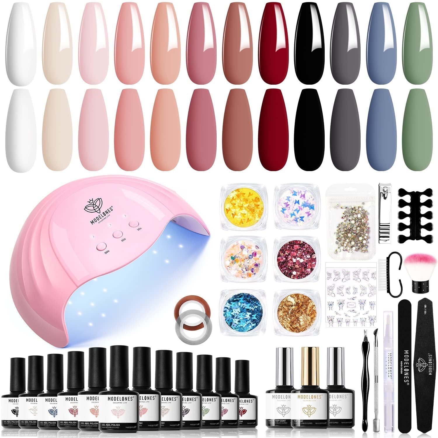 Modelones Ensemble de Vernis à Ongles Gel 35 Pièces, Ensemble de Vernis à Ongles UV avec Lampe 48W, Ensemble de Vernis à Ongles Gel Nude Marron Blanc Rose, Ensemble de Vernis à Ongles Gel UV avec Top Coat Base Nail Studio Set