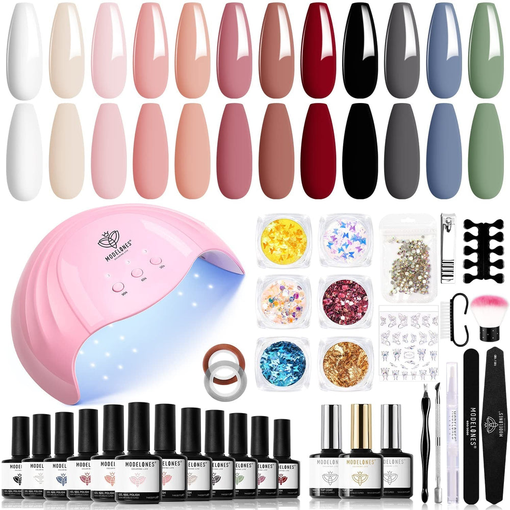 Modelones Ensemble de Vernis à Ongles Gel 35 Pièces, Ensemble de Vernis à Ongles UV avec Lampe 48W, Ensemble de Vernis à Ongles Gel Nude Marron Blanc Rose, Ensemble de Vernis à Ongles Gel UV avec Top Coat Base Nail Studio Set