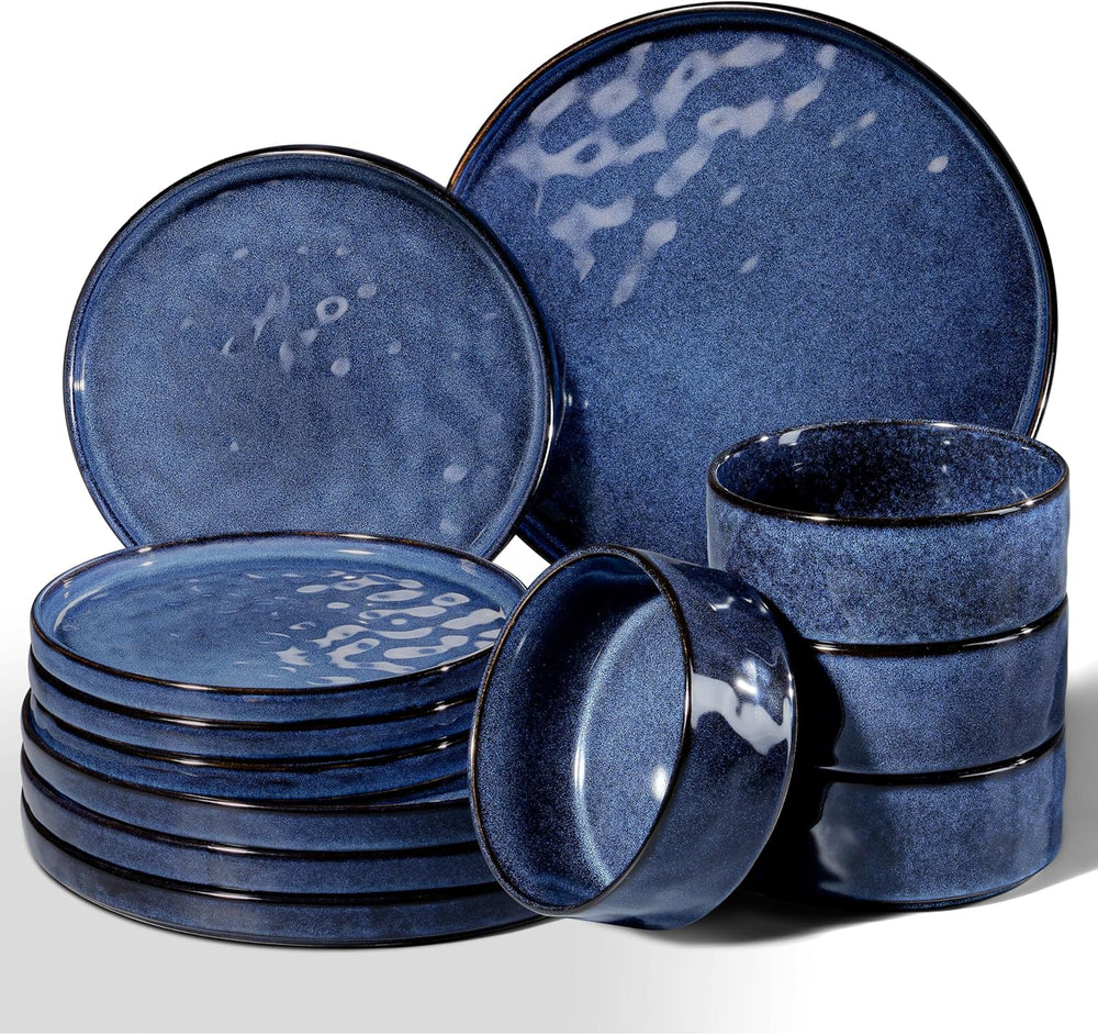 Homikit Service de table 12 pièces pour 4 personnes, service de table combiné avec assiettes, assiettes à dessert et bols à céréales, passe au micro-ondes et au lave-vaisselle, bleu élégant