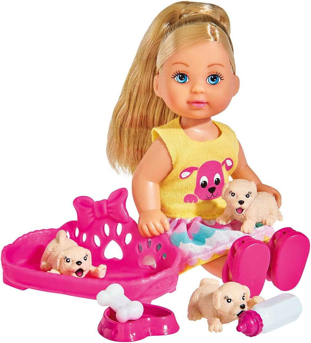 Simba 105733041 - Evi Love Puppy Love, cu TREI căței, cu coșuleț pentru câini și accesorii, păpușă de modă, 12 cm, pentru copii cu vârsta de 3 ani și peste