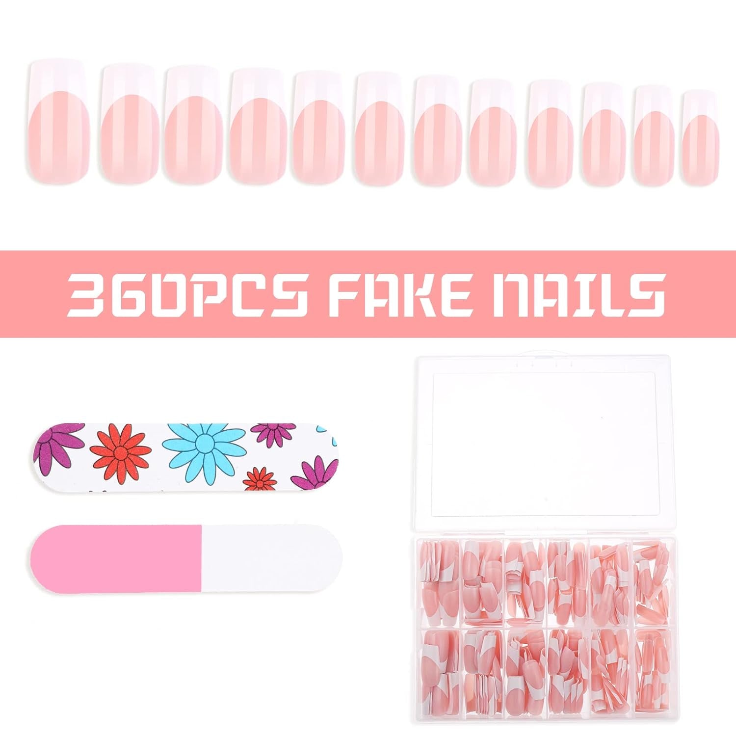 360pcs bouts d'ongles adhésifs pour ongles artificiels avec boîte de rangement et lime à ongles (rectangulaire)
