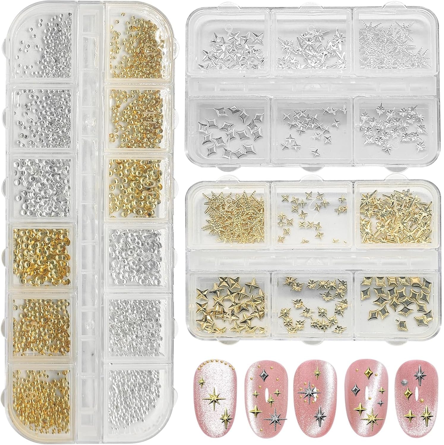 3400 pièces Goldene et Silberne Sternperlen, Goldene Nagelanhänger, Zubehör Für Nagelschmuck, Schöne Sternnagelanhänger Für Nägel, Nail Art Strass