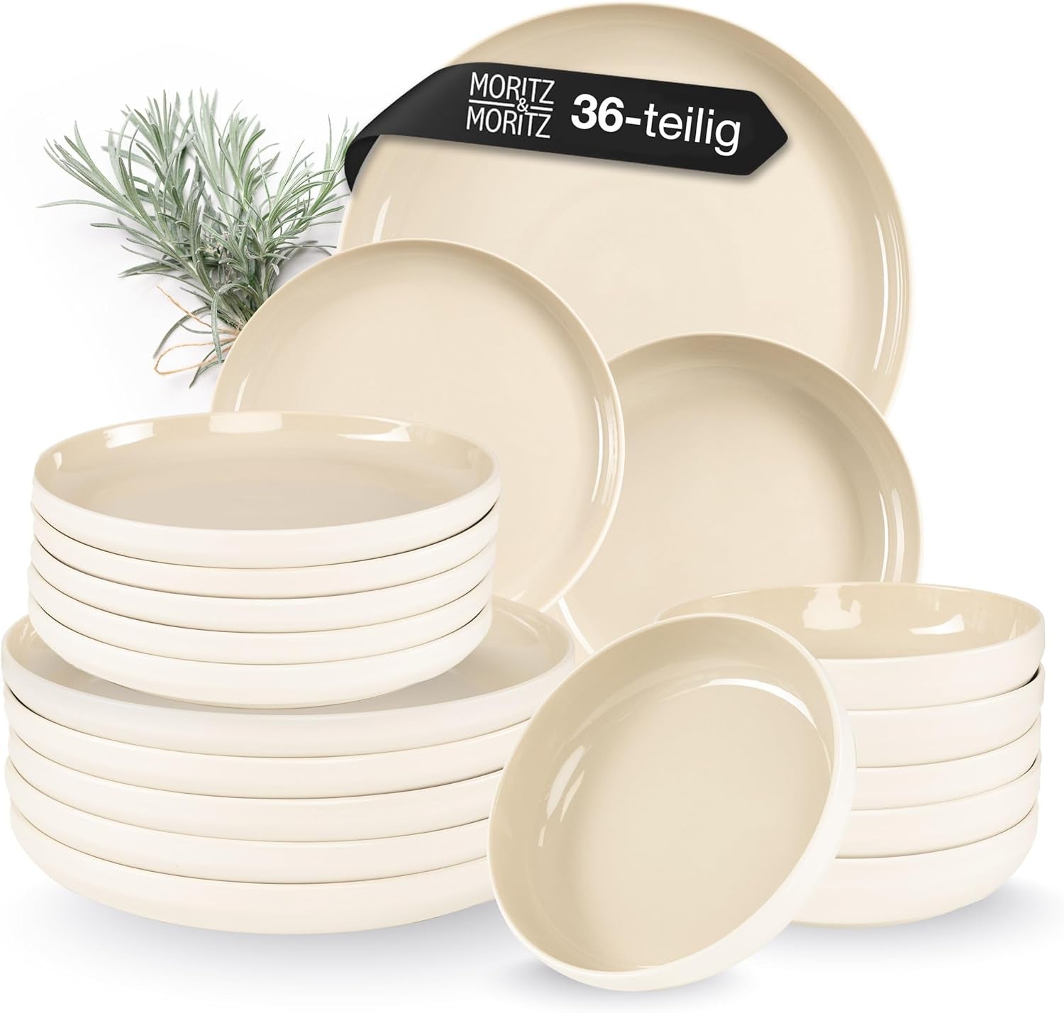 Moritz & Moritz CAVO service de table en grès pour 12 personnes, 36 pièces - Service de table moderne couleur sable - Service combiné facile d'entretien avec assiettes et bols - Service à café