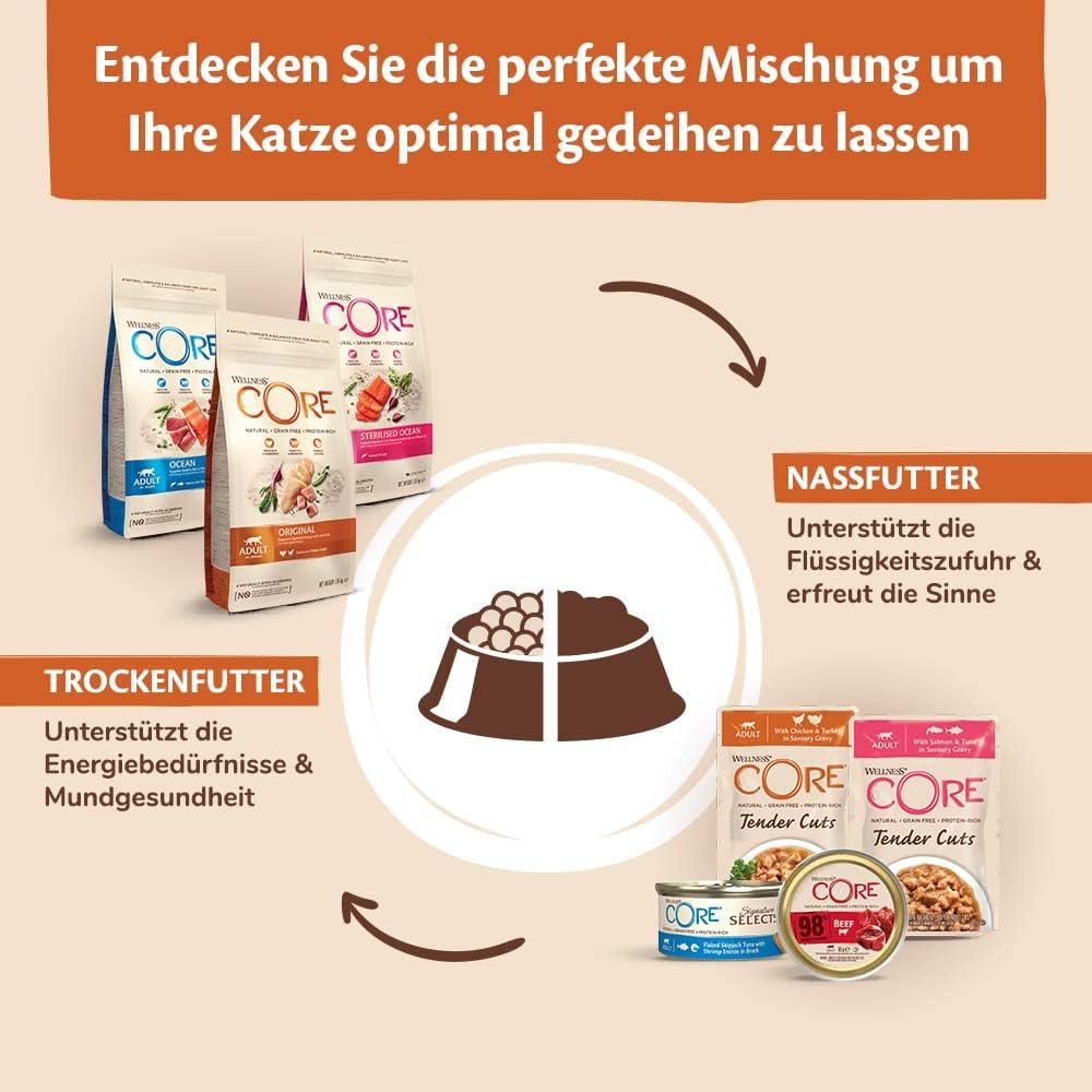 Wellness CORE 98% 12 x 85g, Boeuf - Nourriture humide pour chats, pâté épais, sans céréales, naturelle, hypoallergénique, riche en protéines, riche en viande