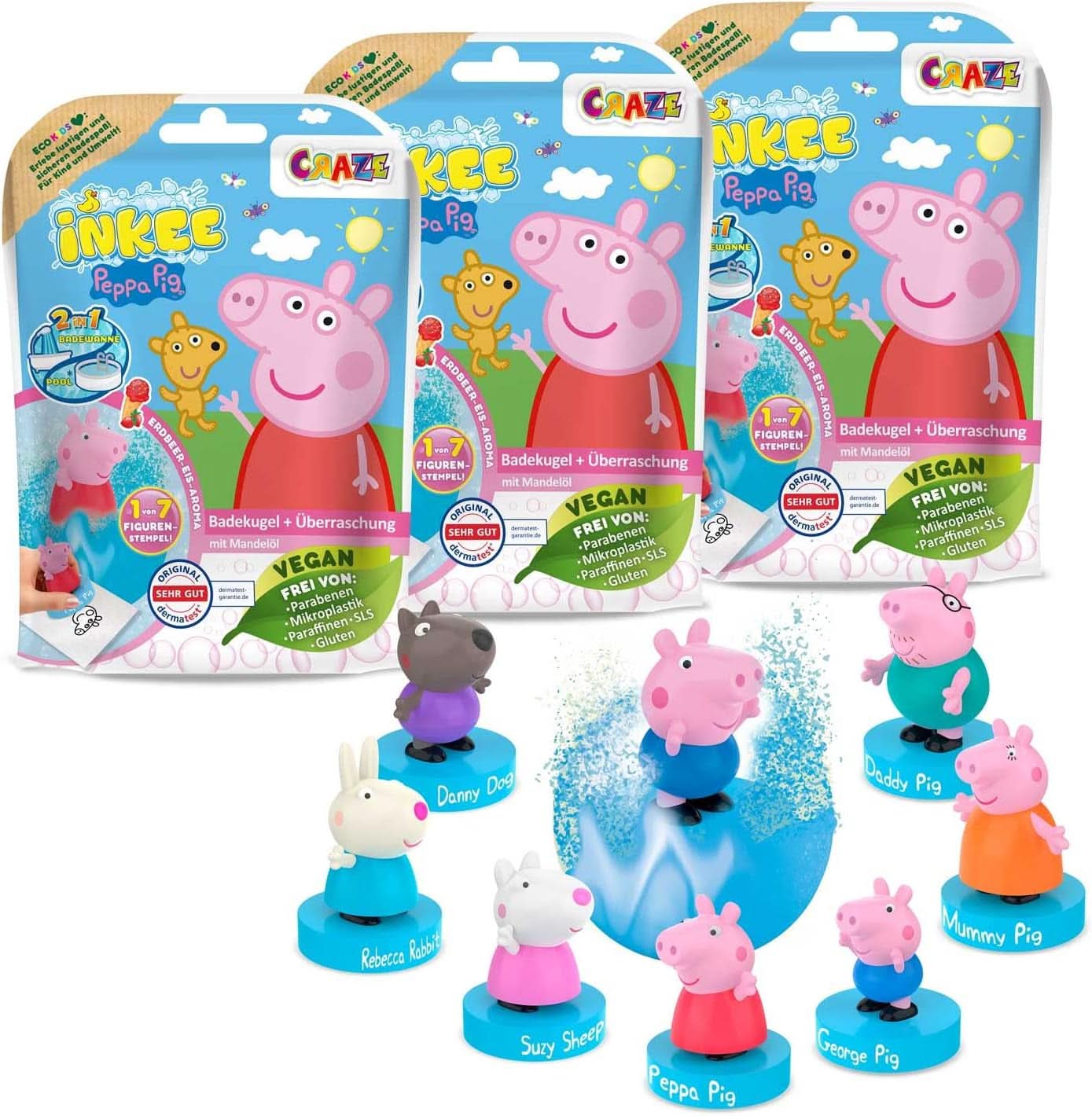 INKEE SURPRISE - Bombe de baie Peppa Pig pentru copii cu jucarie surpriza Peppa Pig pentru cada - aditiv pentru baie pentru copii Mama si Copilul Naty Shop 3X bombe de baie Peppa Pig cu surpriză