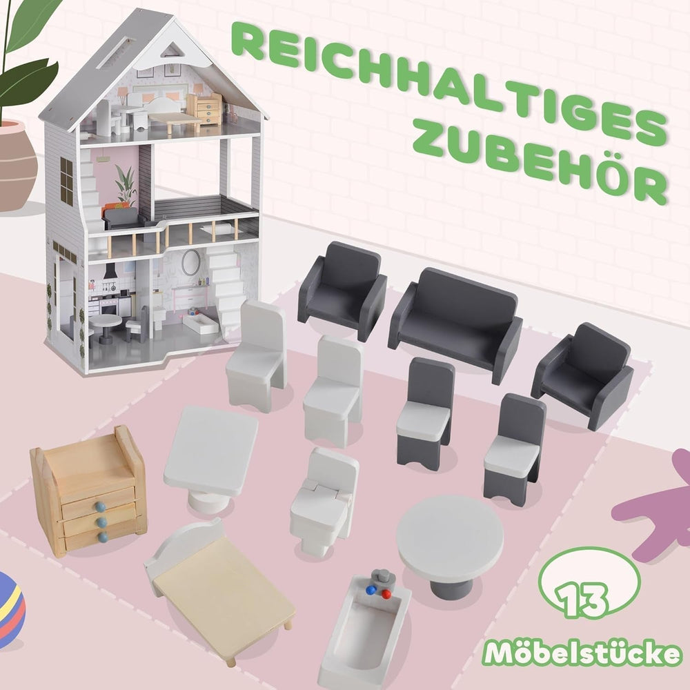 AIYAPLAY Maison de poupée en bois, maison de jeu à 3 étages avec 13 meubles, accessoires, maison de poupée de 85,3 cm de hauteur pour 3 à 6 ans, maison de poupée grise Naty Shop