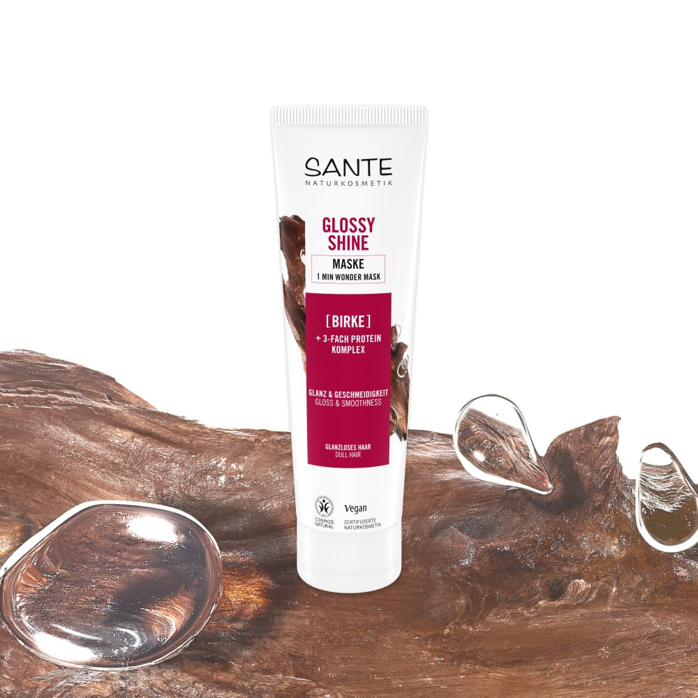 SANTE Naturkosmetik Glossy Shine Mask Extrait de feuille de bouleau bio + complexe protéique 3x, masque capillaire hydratant et sans silicone, soin capillaire végétalien pour plus de brillance et de souplesse, 150 ml Naty Shop Hair Mask