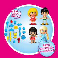 Pinypon – 4er-Pack Märchenfiguren, enthält Goldlöckchen, Eisprinzessin, Prinz der Wunderlampe und Meerprinzessin, über 20 thematische Accessoires, Famosa (PNY87000)
