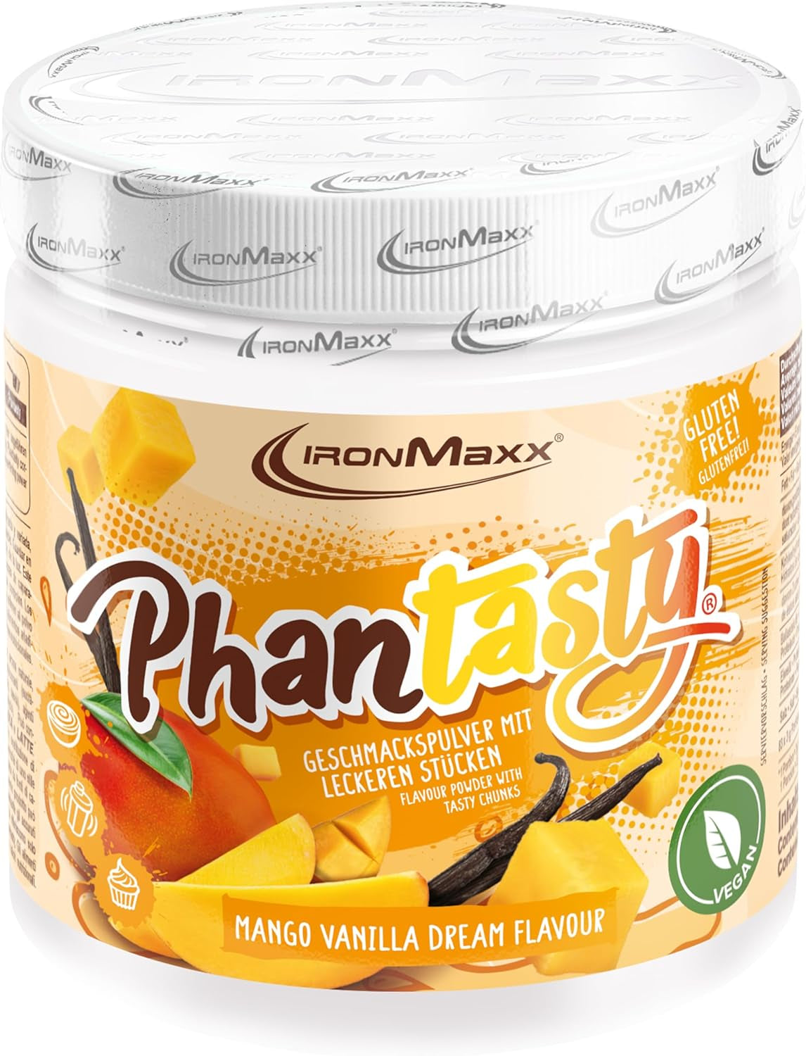 Ironmaxx Phantasty - Pêche crémeuse Dose de 250G | Vegan Geschmackspulver Mit Echten Frucht-Oder Nussstückchen | Perfekter Zuckerersatz Édulcorants Naty Shop 250 G (1Er Pack) Mango Vanilla Dream