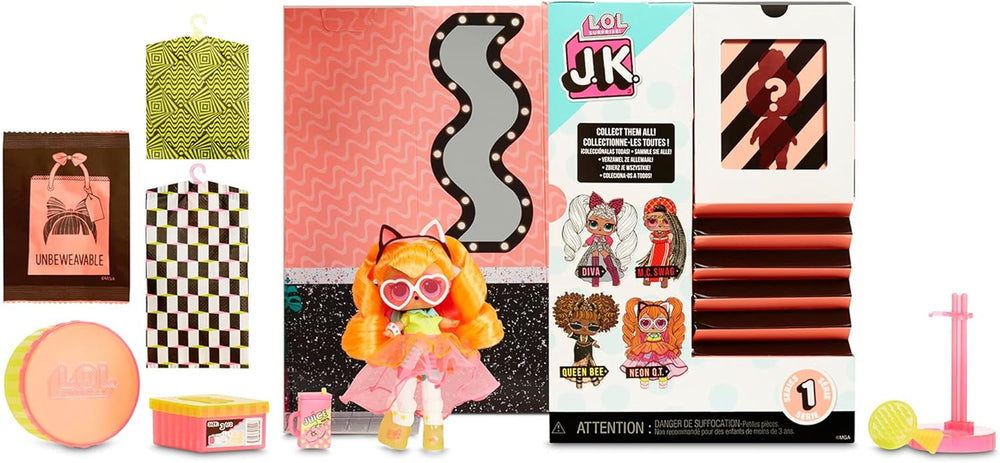 Mdr Surprise ! 570776E7CAZ Mini poupée mannequin JK - 15 surprises, vêtements et accessoires - Objets de collection - Neon QT
