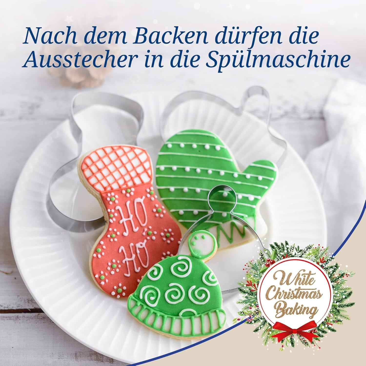 Dr. Oetker Lot de 3 emporte-pièces de Noël – Emporte-pièces blancs pour la pâtisserie de Noël – Emporte-pièces en acier inoxydable pour Noël