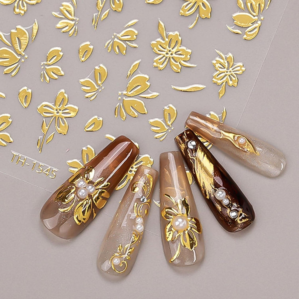 JMEOWIO Nagelsticker Goldene Blumen 8 Blatt Nail Art Sticker Selbstklebend Nagelaufkleber Dekoration Nageldesign Zubehör