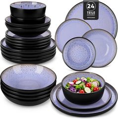 Steingut Geschirrset 6 Personen, vancasso AMBER Teller Set 6 Personen, Tafelservice 24tlg mit Speiseteller, Dessertteller, Suppenteller, Schüssel, Reaktive Glasur, Abendviolett, Spülmaschinenfest