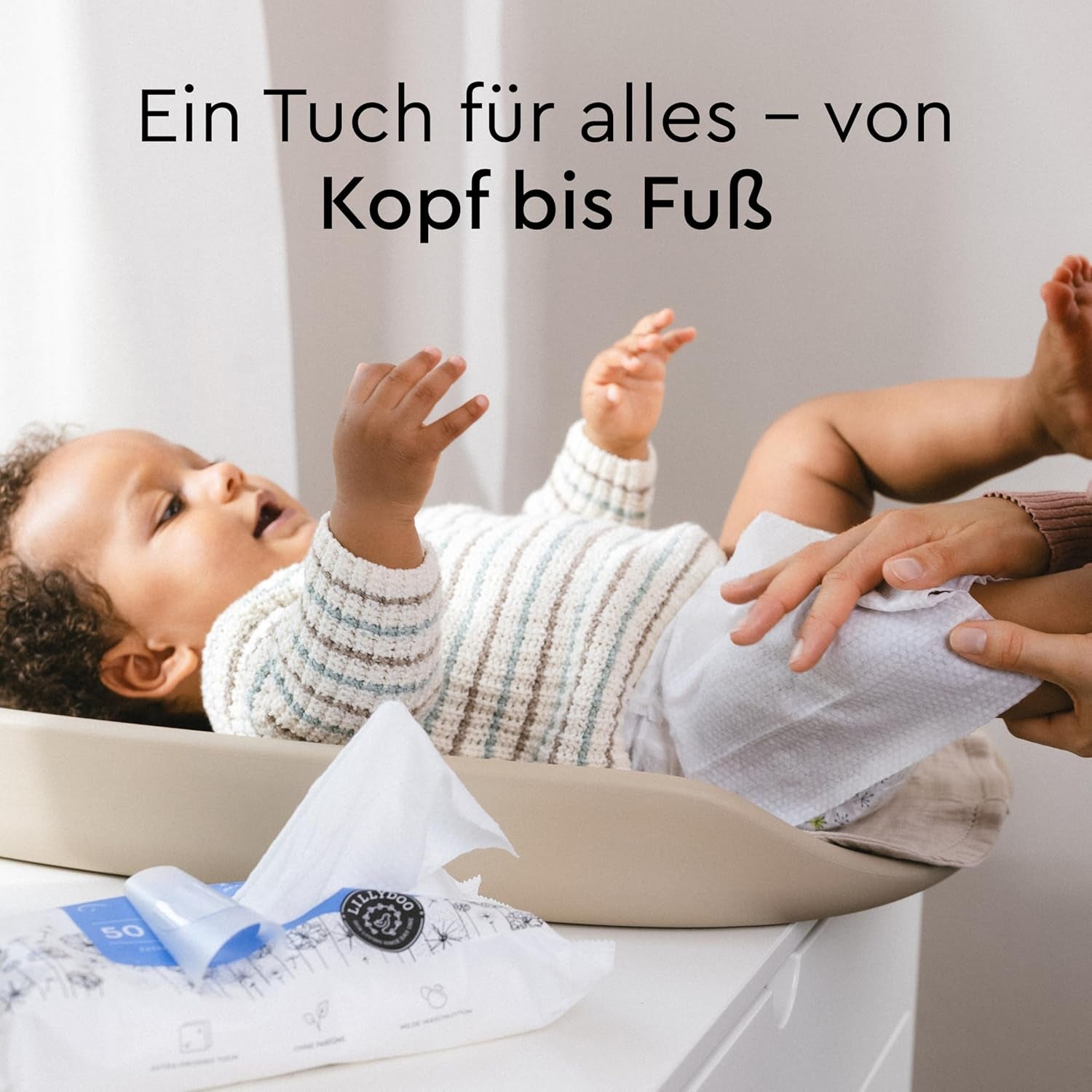 LILLYDOO Lingettes humides 50 pièces 100 % sans plastique, très grandes lingettes, non parfumées