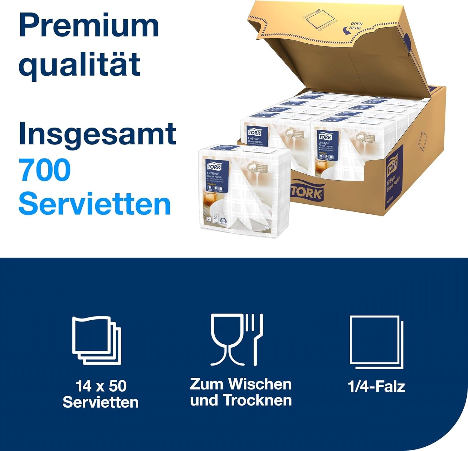 Serviettes de table Tork Linstyle blanches, pliées en 1/4, 19,5 × 19,5 cm, 14 × 50 serviettes, 509410