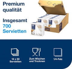 Serviettes de table Tork Linstyle blanches, pliées en 1/4, 19,5 × 19,5 cm, 14 × 50 serviettes, 509410
