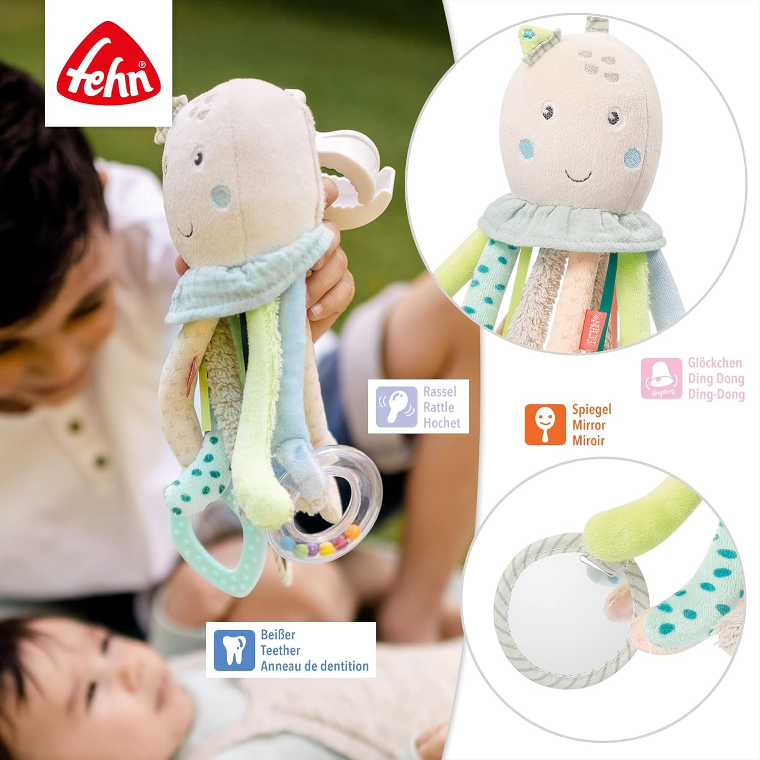Fehn Jouet d'activité Poulpe - Jouet de motricité pour bébé pour poussettes et démarrages brillants, Oball, Jouet hochet avec balles d'appui pour la marche, Jouet interactif pour bébé Bebe Toys Naty Shop
