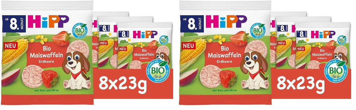 HiPP Gaufres de Maïs Bio aux Fraises (8 x 23g), collation pour bébés à partir de 8 mois, sucrées uniquement avec des fruits et légumes, sans gluten, meilleure qualité biologique (pack de 2)