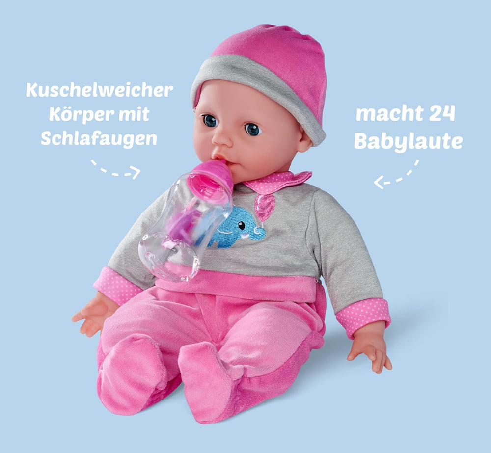 Simba 105140066 - Laura Interactive, poupée au corps doux aux yeux endormis, babille lorsqu'on la bouge, boit au biberon et s'endort, 40 cm, poupée pour enfants à partir de 2 ans