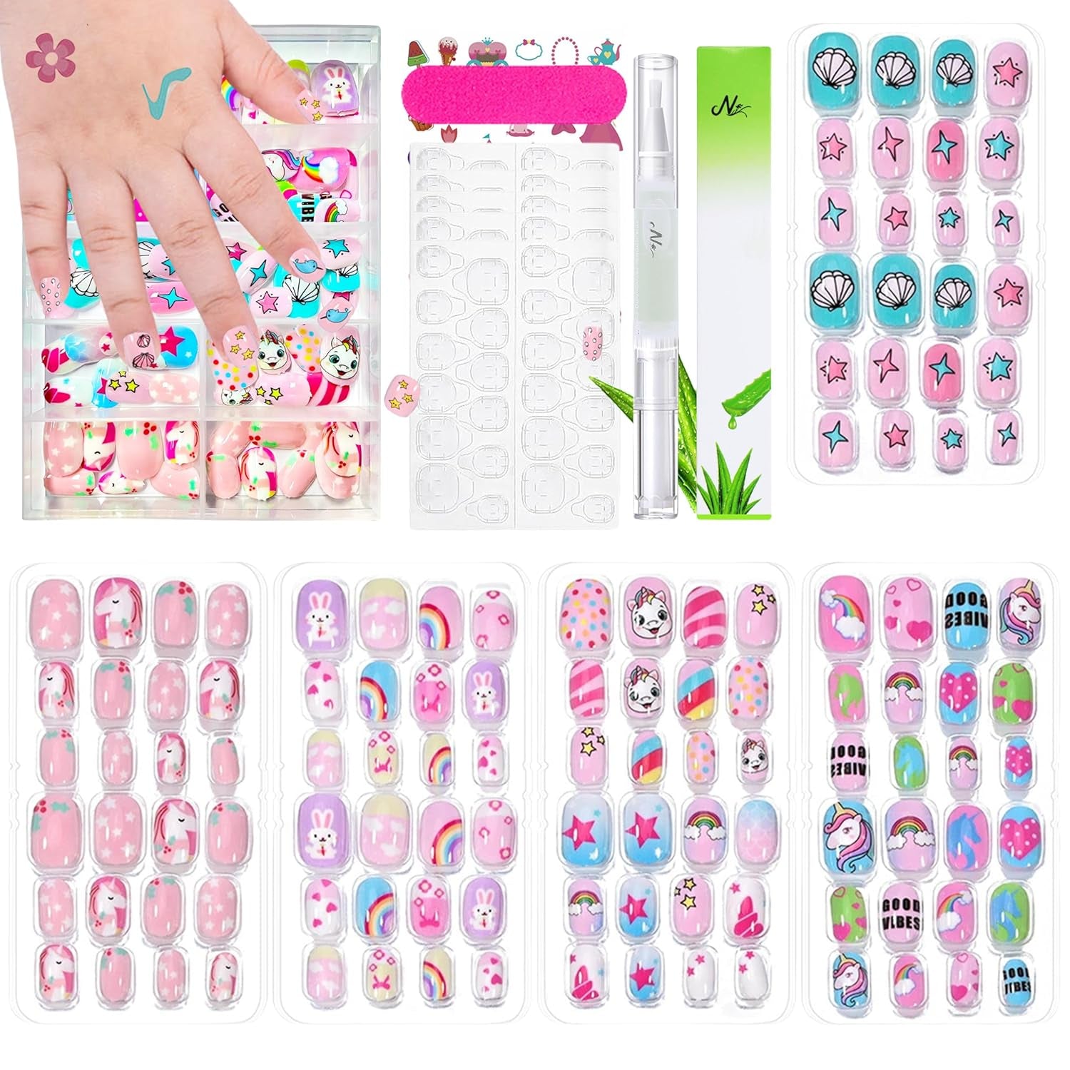 Ensemble de faux ongles – 120 pièces d'ongles autocollants pour enfants avec colle à ongles, ensemble d'ongles artificiels autocollants à couverture complète, faux ongles pour filles avec petites mains (couleur A, 120X)