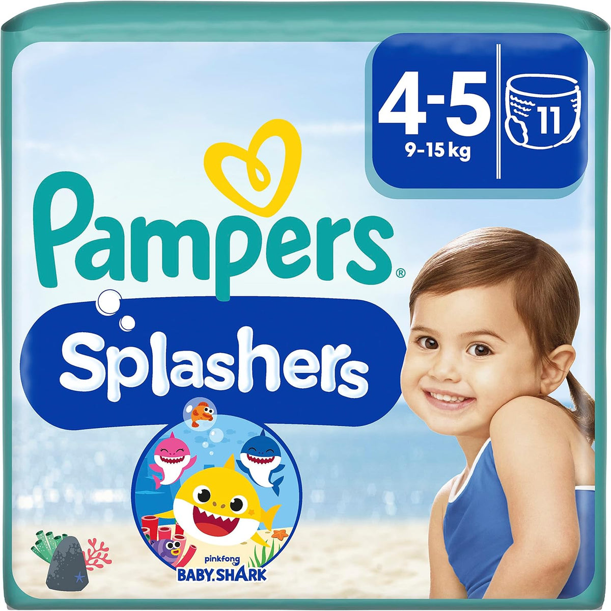 Couches de bain jetables Pampers Splashers Baby Shark édition limitée 4-5, 11, 9 kg-15 kg, pour une protection sûre dans l'eau