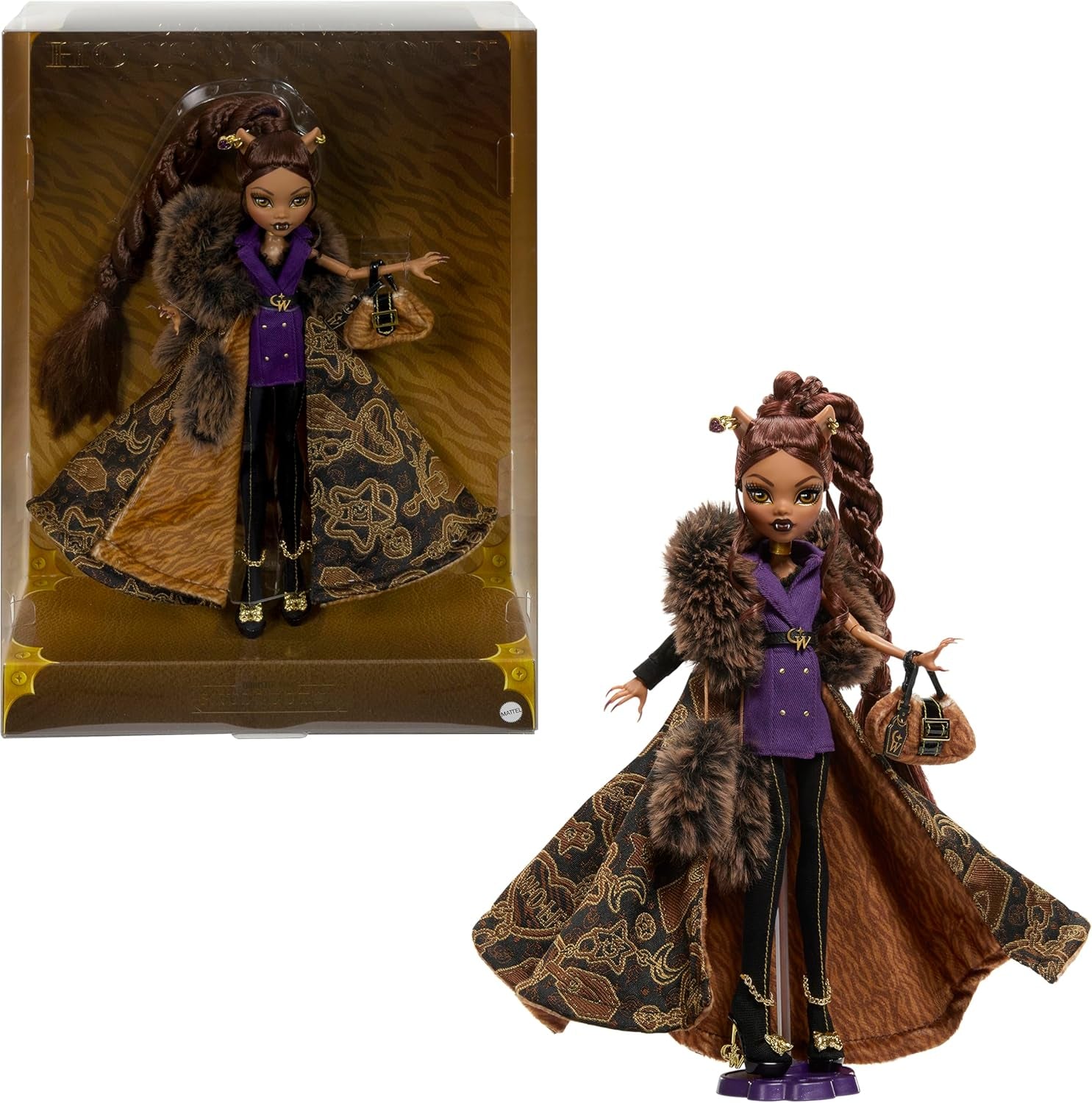 Monster High Doll House of Wolves Figurine de collection Clawdeen Wolf avec manteau en fausse fourrure jacquard veste violette robe pantalon doré et accessoires JDR66