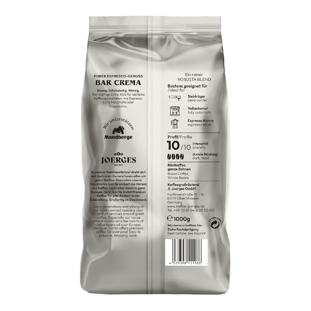 Grains de café Gorilla Espresso Bar Crema - 12 paquets de 1000 g chacun