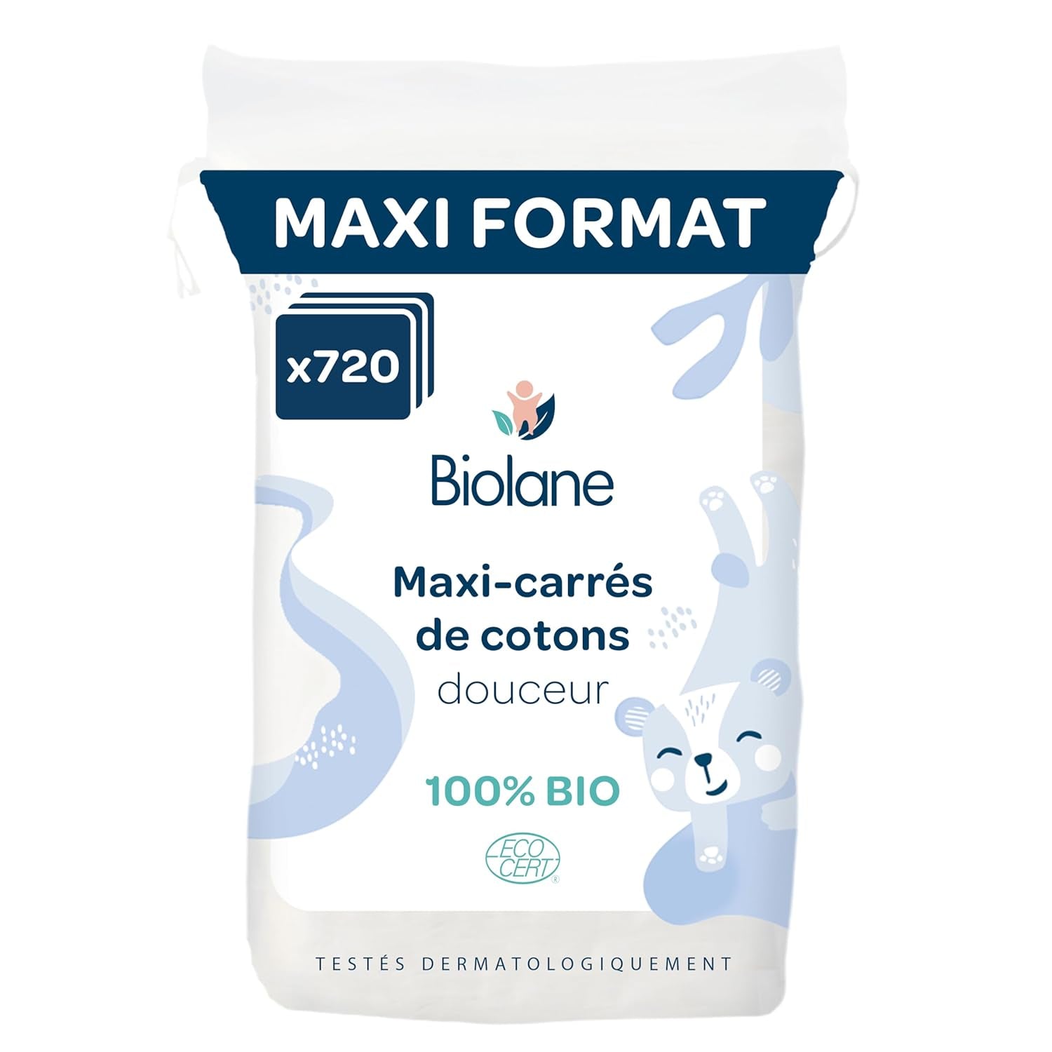 BIOLANE 12 Serviettes Humides Maxi Carrés - Bébés - 100% Bio - 720 Coton - pour peaux sensibles - Change et Toilette - dès la naissance - fabriquées en France