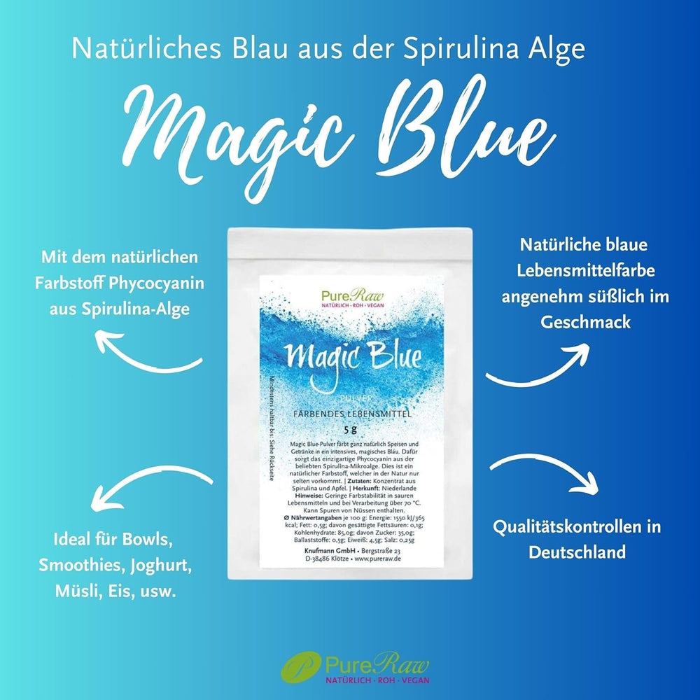 Magic Blue Spiruline Colorant alimentaire naturel en poudre Bleu (végétalien cru) Bleu foncé à bleu pastel clair – Colorant alimentaire en poudre d'algues phycocyanine – Colorant alimentaire naturel | Pureraw 5G