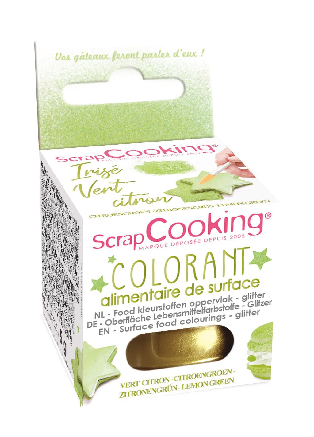 Scrapcooking - Colorant Alimentaire Vert Citron - Poudre Pailletée Comestible pour Surfaces - Pour Gâteaux, Biscuits, Macarons, Chocolat et Fudge - Vert Citron - 4087