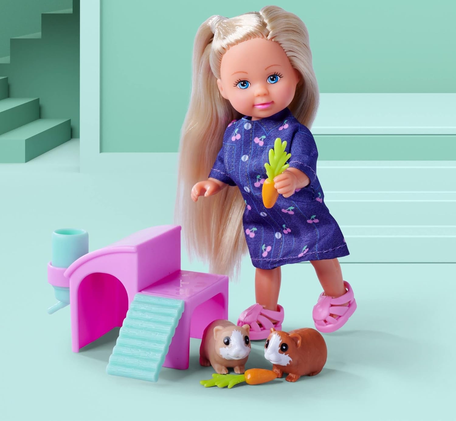 Simba Evi Love Poupée de jeu cochons d'Inde avec deux cochons d'Inde et maison, bouteille d'eau et carottes, 12 cm, à partir de 3 ans