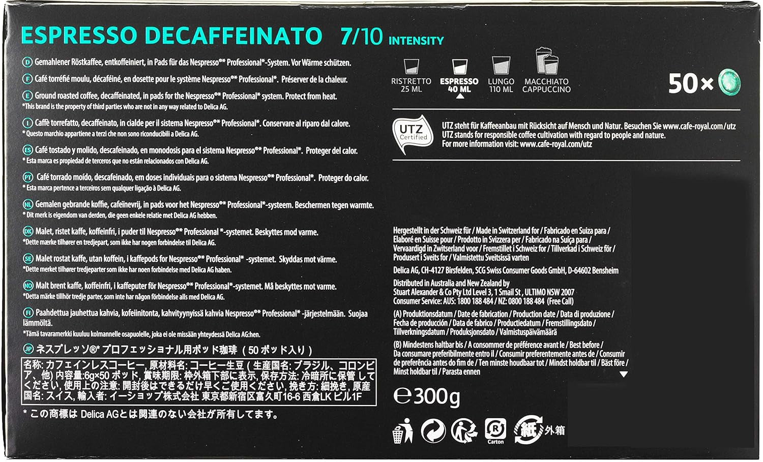 Espresso Forte 50 dosettes pour machine Nespresso professionnelle - Intensité 7/10 - UTZ-zertifiziert & Espresso Decaffeinato 50 dosettes pour machine Nespresso professionnelle - Intensité 7/10