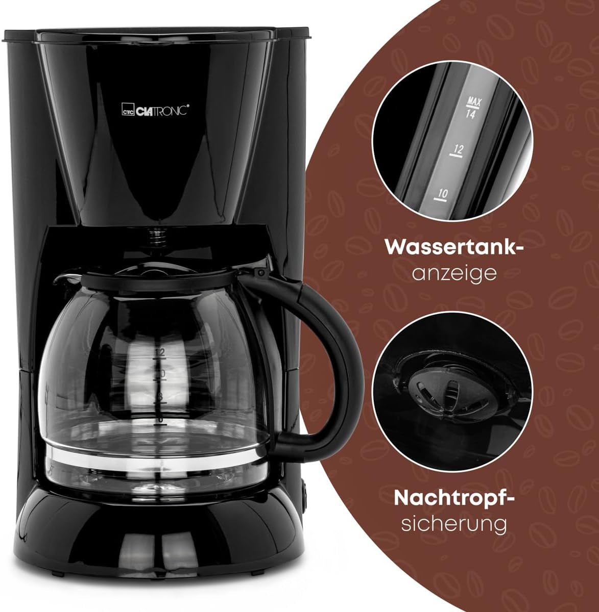 Machine à expresso Clatronic® | Machine à expresso automatique pour 12-14 tasses (environ 1,5 litre) | Machine à expresso avec filtre et système anti-goutte | 900W | Expresso KA 3473 Noir