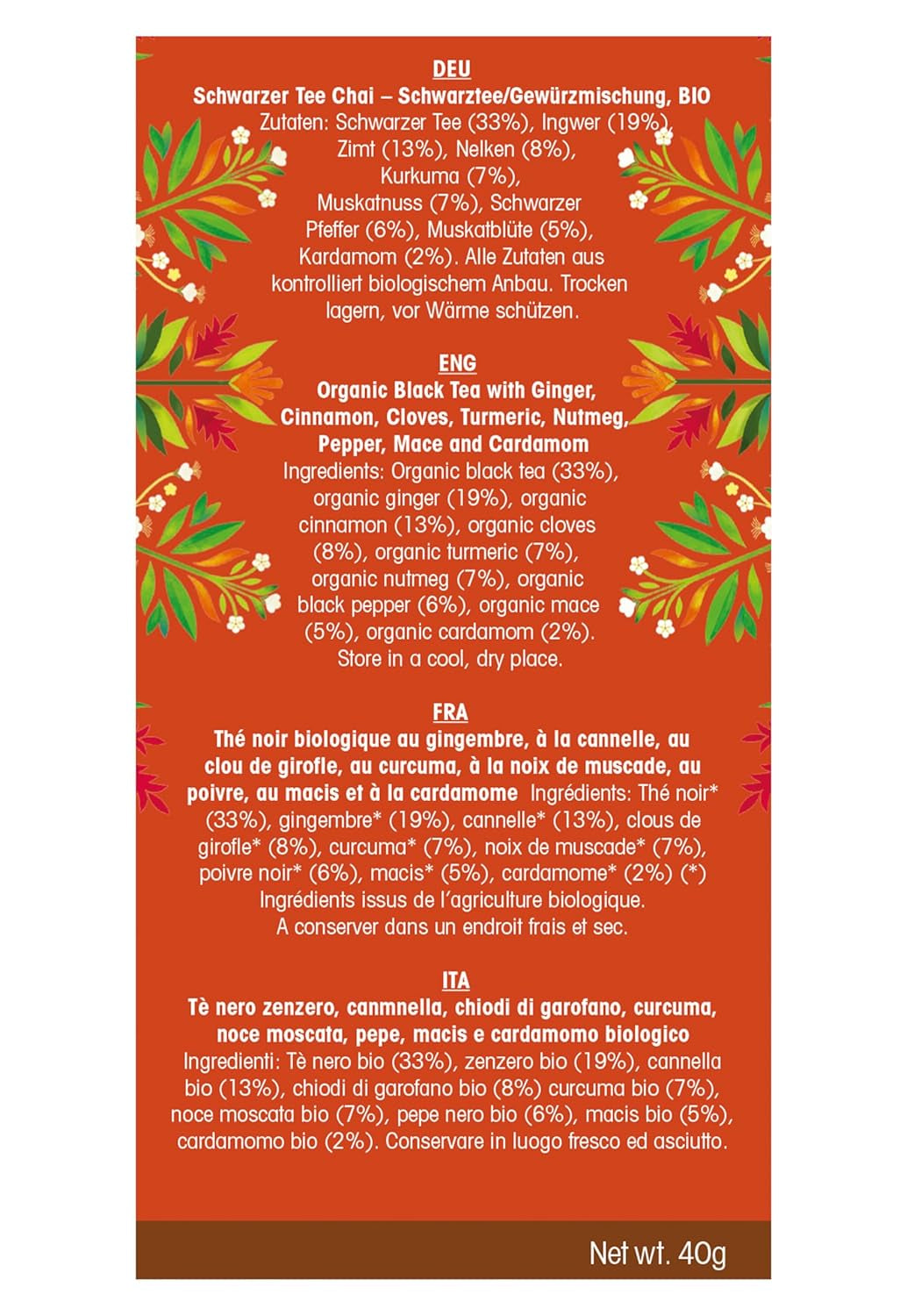 ETS - Thé Noir Chai, Naturland BIO, 20 Sachets de Thé (Pack de 2)