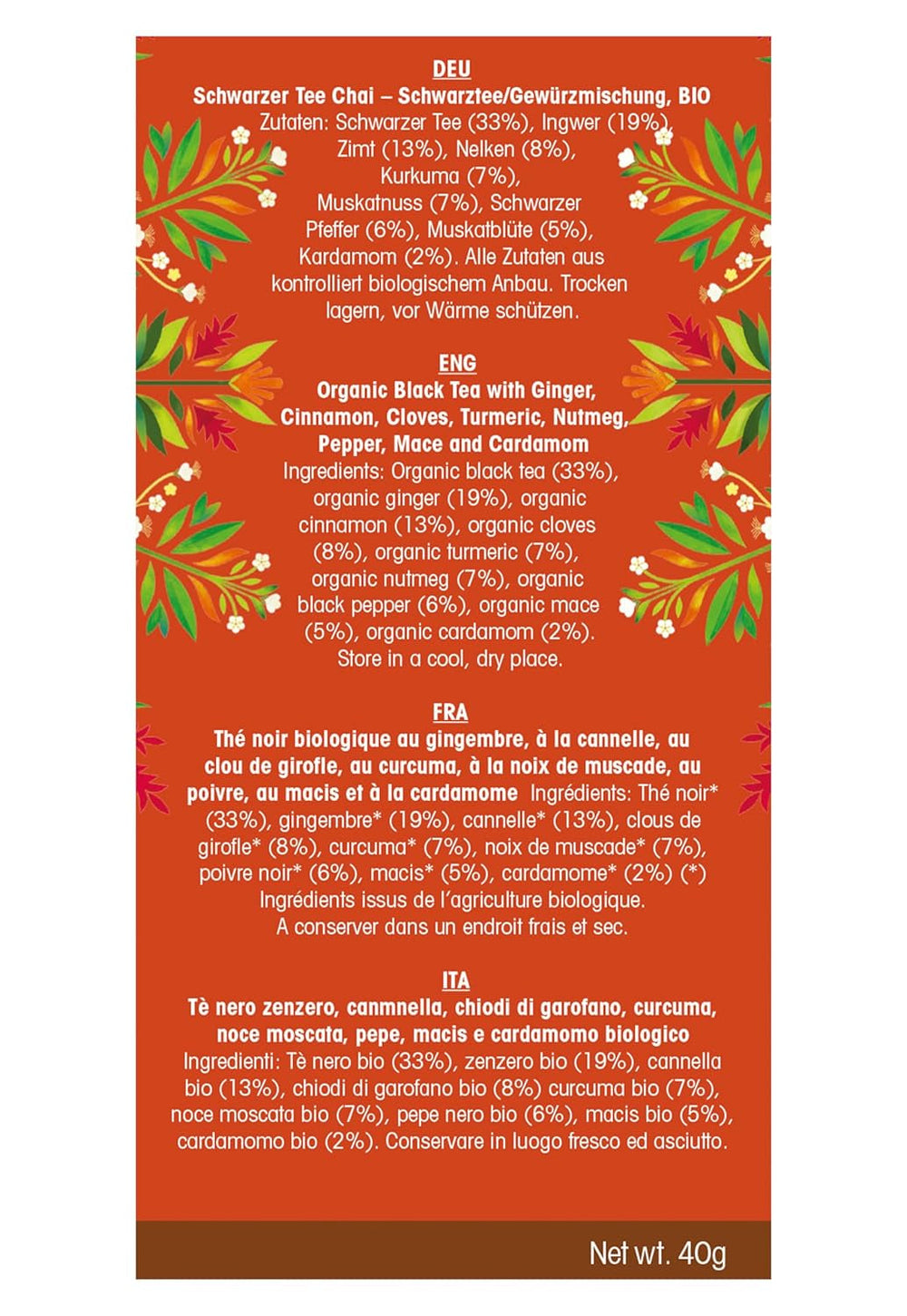 ETS - Thé Noir Chai, Naturland BIO, 20 Sachets de Thé (Pack de 2)