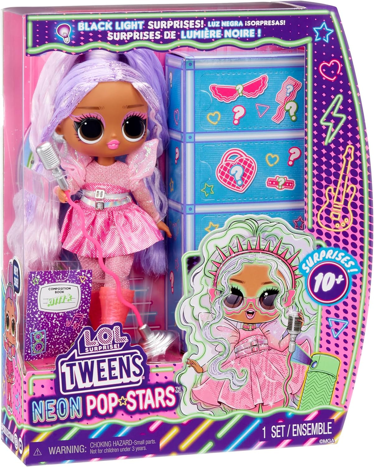 MDR. Surprendre! Tweens Neon Pop Stars - Kitty K - 1 poupée de mode avec surprises rétro-éclairées et plus de 10 vêtements et accessoires Pop Star, y compris un support de micro rétro, conçu pour les enfants de 4 ans et plus