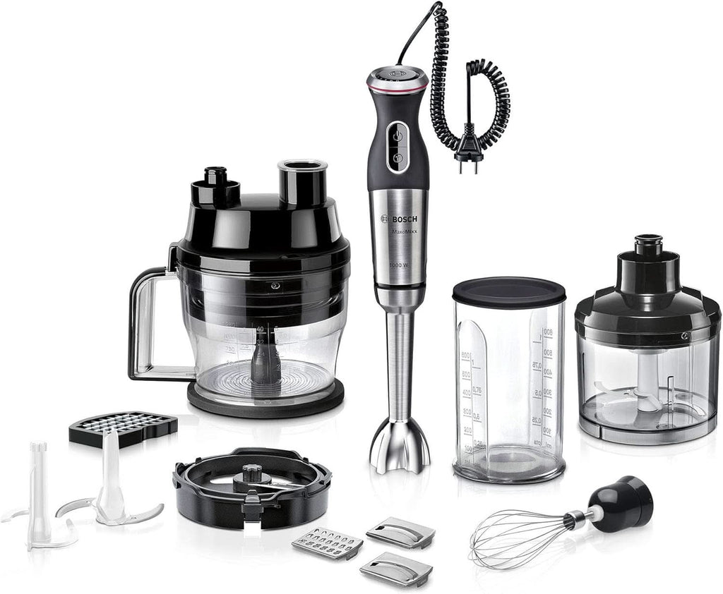 Bosch Stabmixer Ergomaster Serie 6 MSM6M810, Einhändig Bedienbar, 10 Jahre Motorgarantie, Edelstahl-Klingen, Verschleißfreie Keramik-Kupplung, Luftkühlung, Quattroblade, Mixbecher, 1200 W, Edelstahl Bucatarie Naty Shop 7-In-1, 1000 Watt