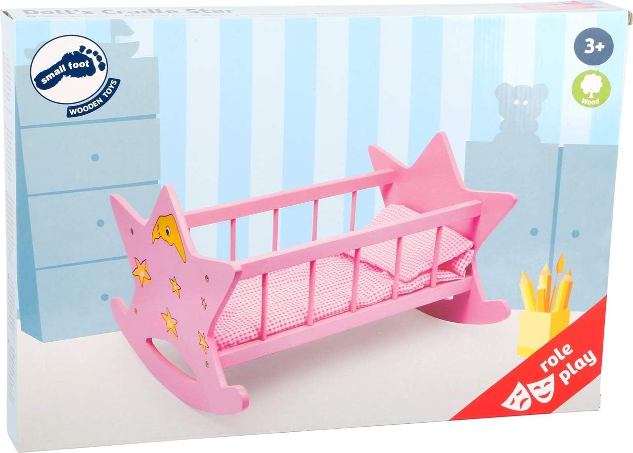 small foot Puppenwiege „Stern“ aus Holz, in rosa mit Mond und Sternen, für Puppen bis 45 cm, ab 3 Jahren, 2865, Klein