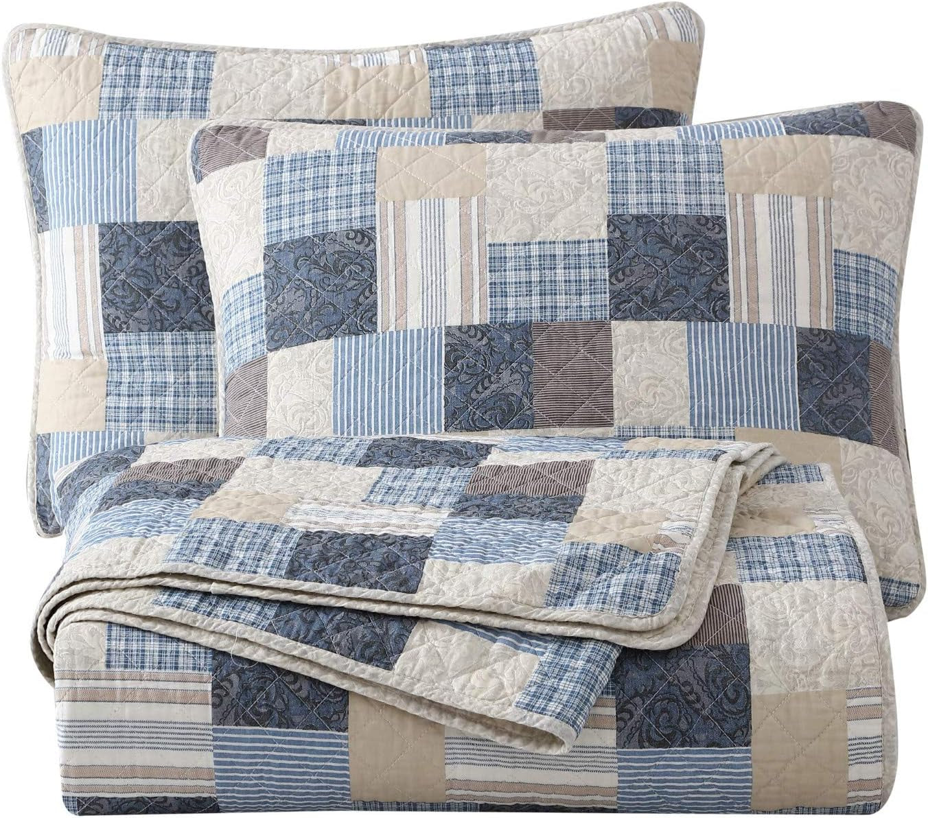 Chezmoi Collection Ensemble de courtepointe Addy Patchwork en coton prélavé léger réversible toutes saisons surdimensionné 3 pièces bleu marine blanc gris taupe courtepointes et courtepointes Naty Shop Patchwork Queen Plaid