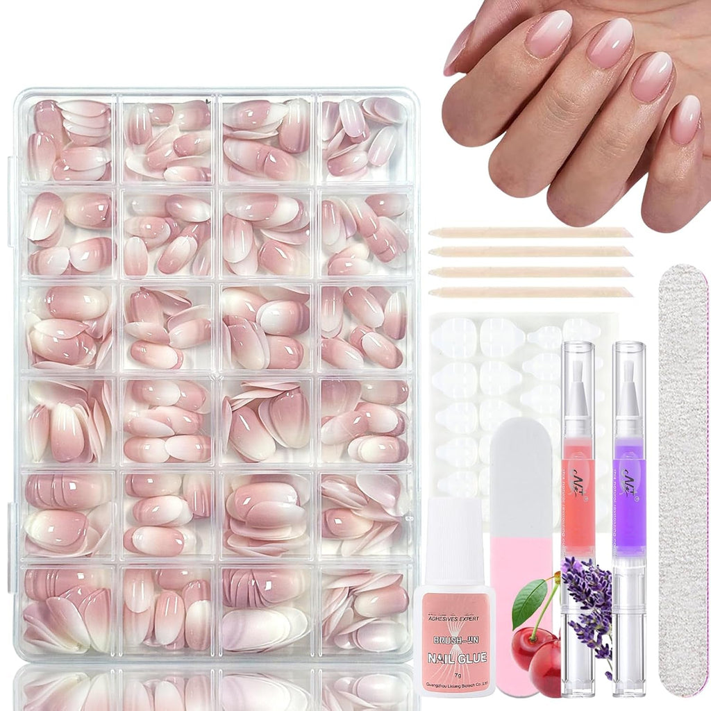 Set 360 de bucăți de unghii false cu balerină în gradient, unghii artificiale cu gradient roz și alb pentru lipire cu 2 bucăți de stilouri cu ulei pentru unghii, unghii false medii ombre pentru femei DIY