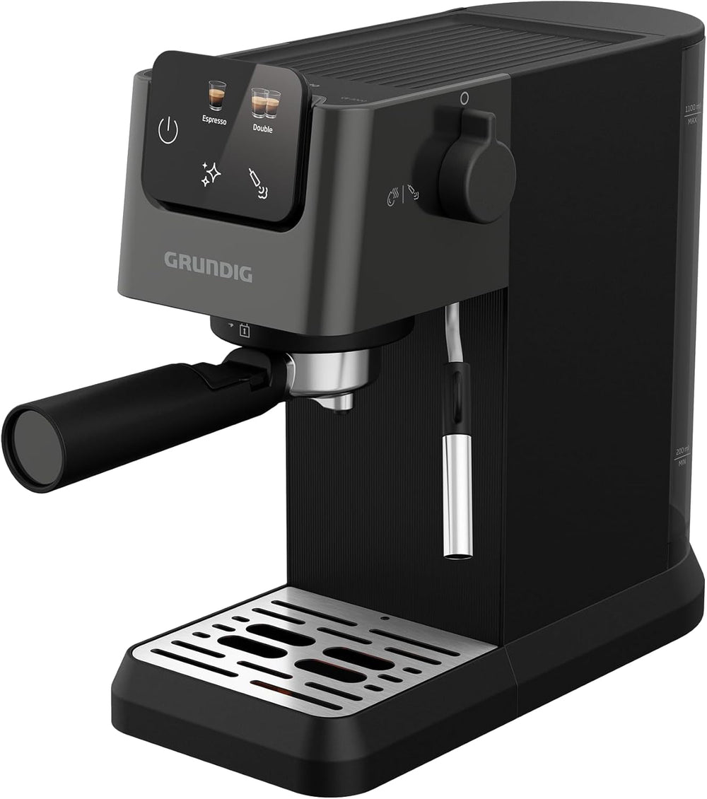 Espressor portafilter GRUNDIG KSM 5330 cu recipient de lapte integrat, putere 1628 W, presiune pompă 15 bar, duză dublă, afișaj tactil color, BrewSense, CreamyPro, Inox închis/Negru