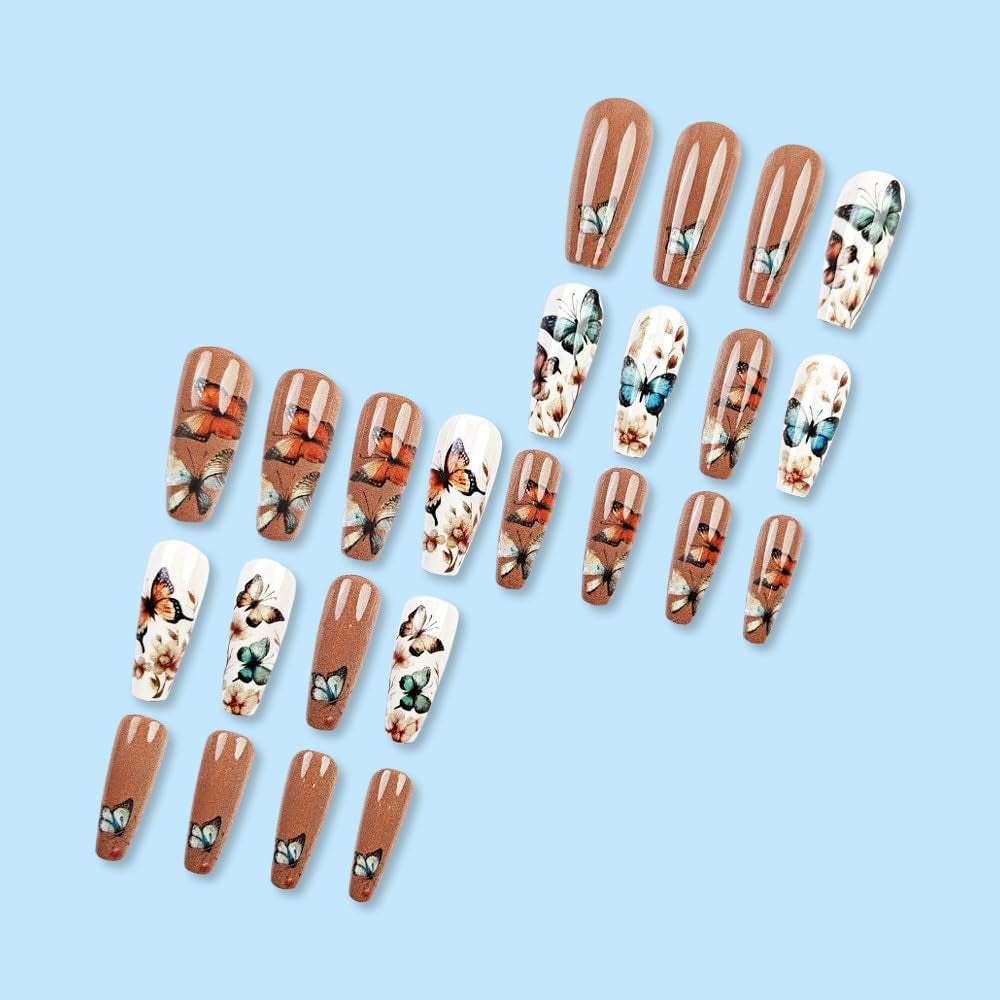 24 pièces presse longue sur les ongles cercueil ongles artificiels fleur de papillon ongles adhésifs blanc marron ensemble d'ongles en acrylique conseils d'ongles femmes printemps été accessoires pour ongles