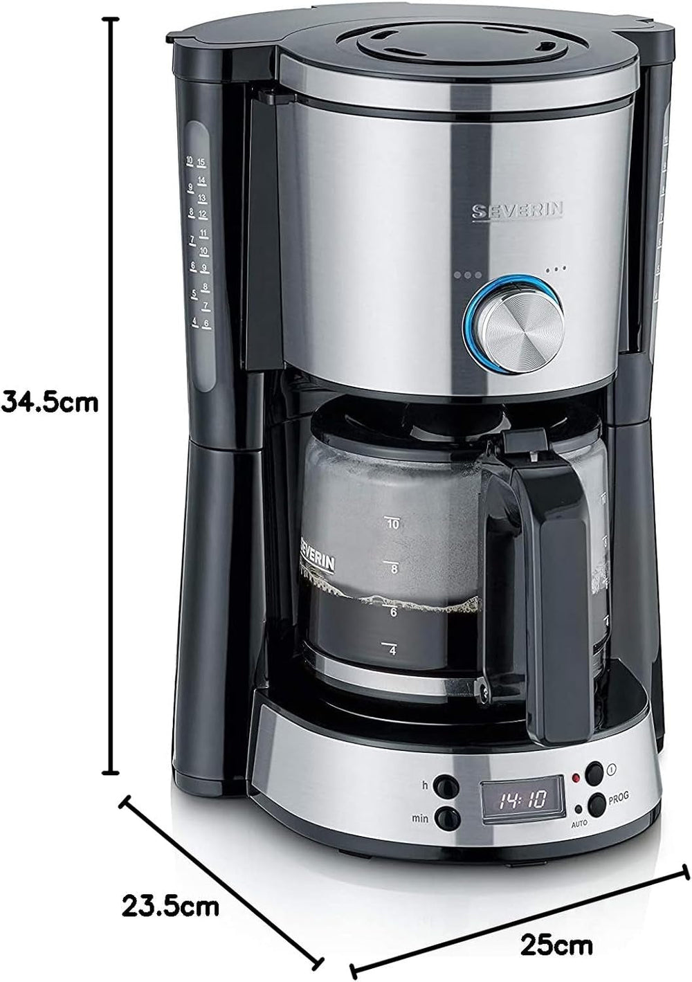 Machine à expresso SEVERIN "TypeSwitch" avec carafe en verre et minuterie, AromaSwitch pour choisir 2 options de préparation, horloge numérique avec fonction minuterie, pour jusqu'à 10 tasses, 1000W, acier inoxydable brossé-noir, KA 4826
