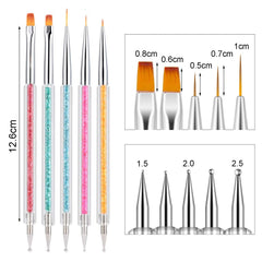 6 pcs Nagel Pinsel Set, Double Fin Nageldesign Pinsel, Acrylique Nail Art Pinsel Set Nail Art Liner Pinsel Dotting Tool pour DIY Nail Art Design (Mit 1 Schwammbürste)