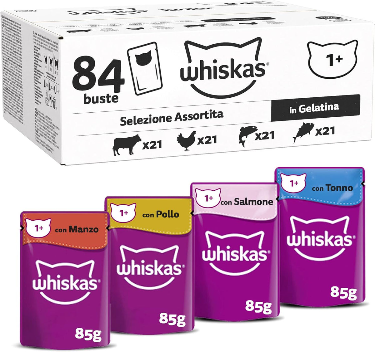 Whiskas Adult Wet Food 1+ Mixed Selection in Jelly, 84 Sachets, 84x85g (1 Large Pack) - Nourriture humide de haute qualité pour chats adultes