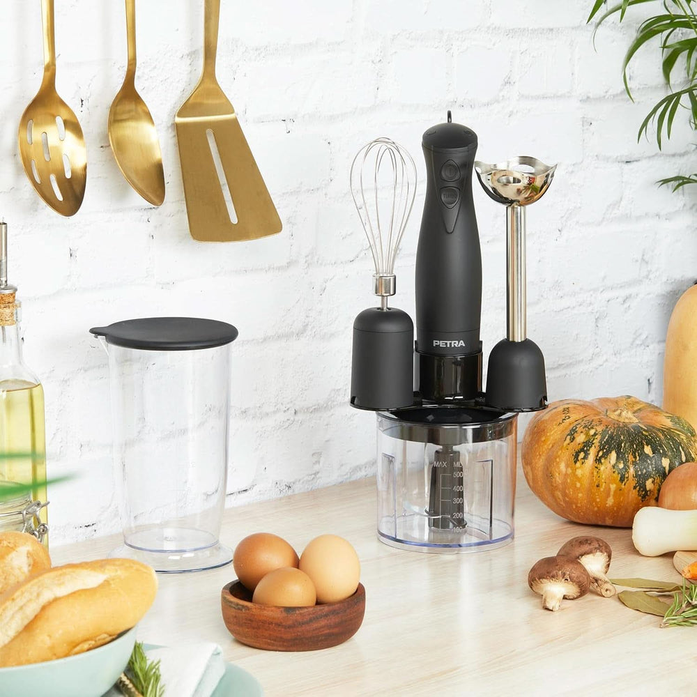 Petra PT2827BMBLKVDE Mélangeur 3-en-1 – Accessoires sans BPA, 500 ml-Schüssel, 700 Ml-Becher, Schneebesen, Mixen, Zerkleinern, 2 Geschwindigkeiten, Edelstahlklingen, Für Babynahrung, Smoothies, Saucen, 350W Mother and Child Naty Shop