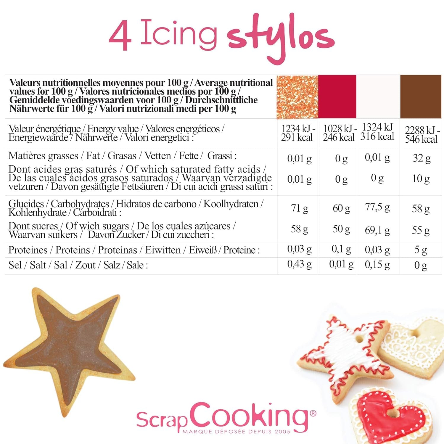 Scrapcooking - Marqueurs 4 pièces : or, chocolat, blanc et rouge - feutres comestibles décoratifs pour écrire et dessiner sur desserts, gâteaux et biscuits