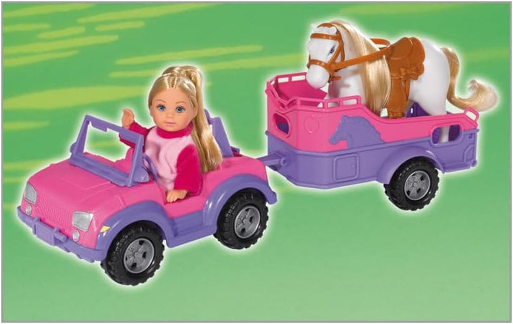 Simba 105737460 - Remorque à chevaux Evi Love Evi avec jeep rose, pendentif cheval et poney violet, poupée à habiller, 12 cm, pour enfants à partir de 3 ans Poupées Naty Shop