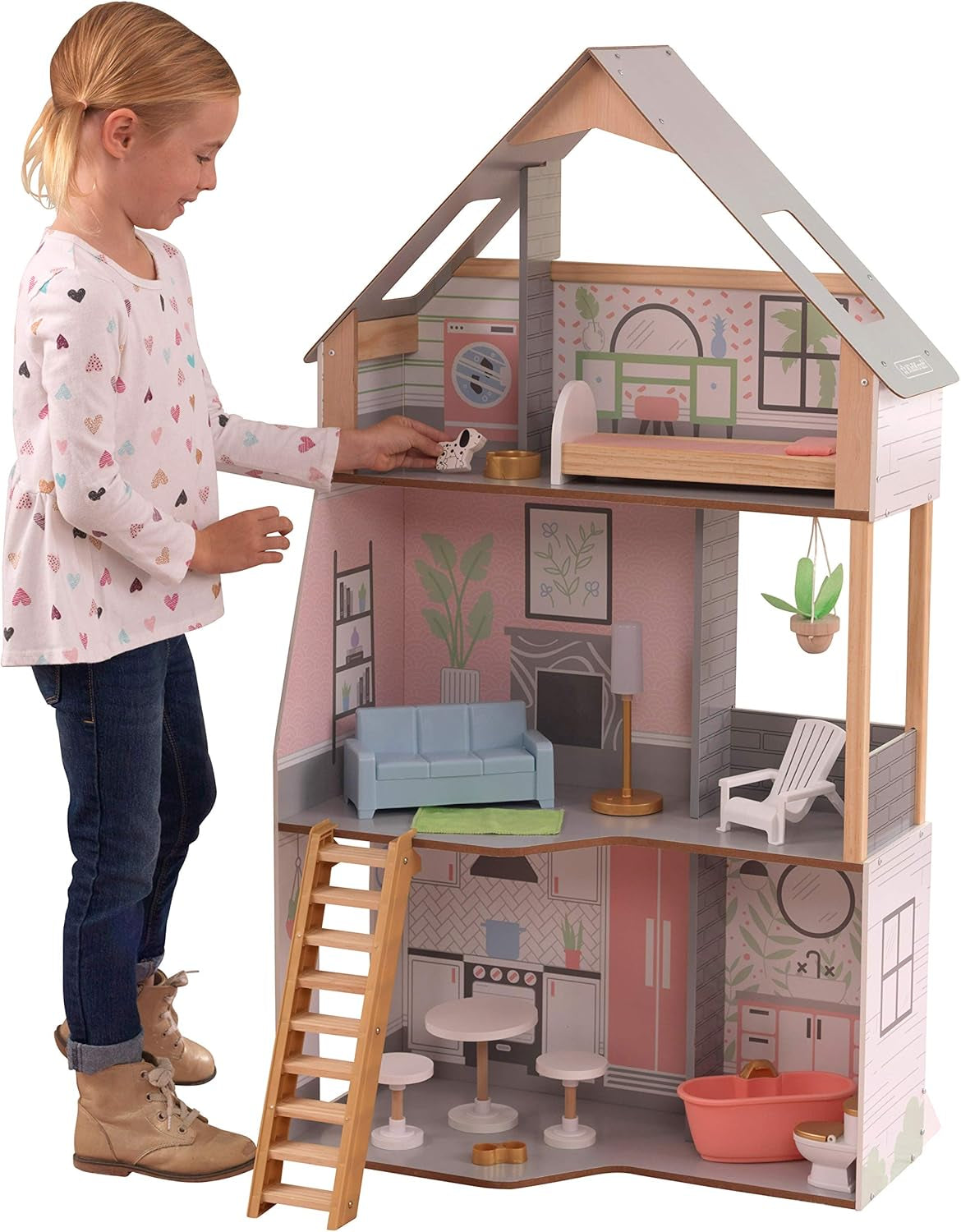 Kidkraft Alina Maison de poupée en bois avec meubles et accessoires pour poupées de 30 cm, ensemble de jeu à 3 niveaux avec chien et escalier mobile, jouet pour 3 ans, 10229 Naty Shop Dollhouses Default Title